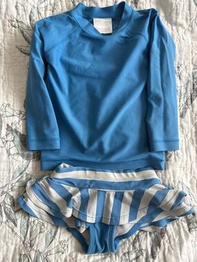 Blue Girls Rash Guard Set with Striped Skirted Bottom